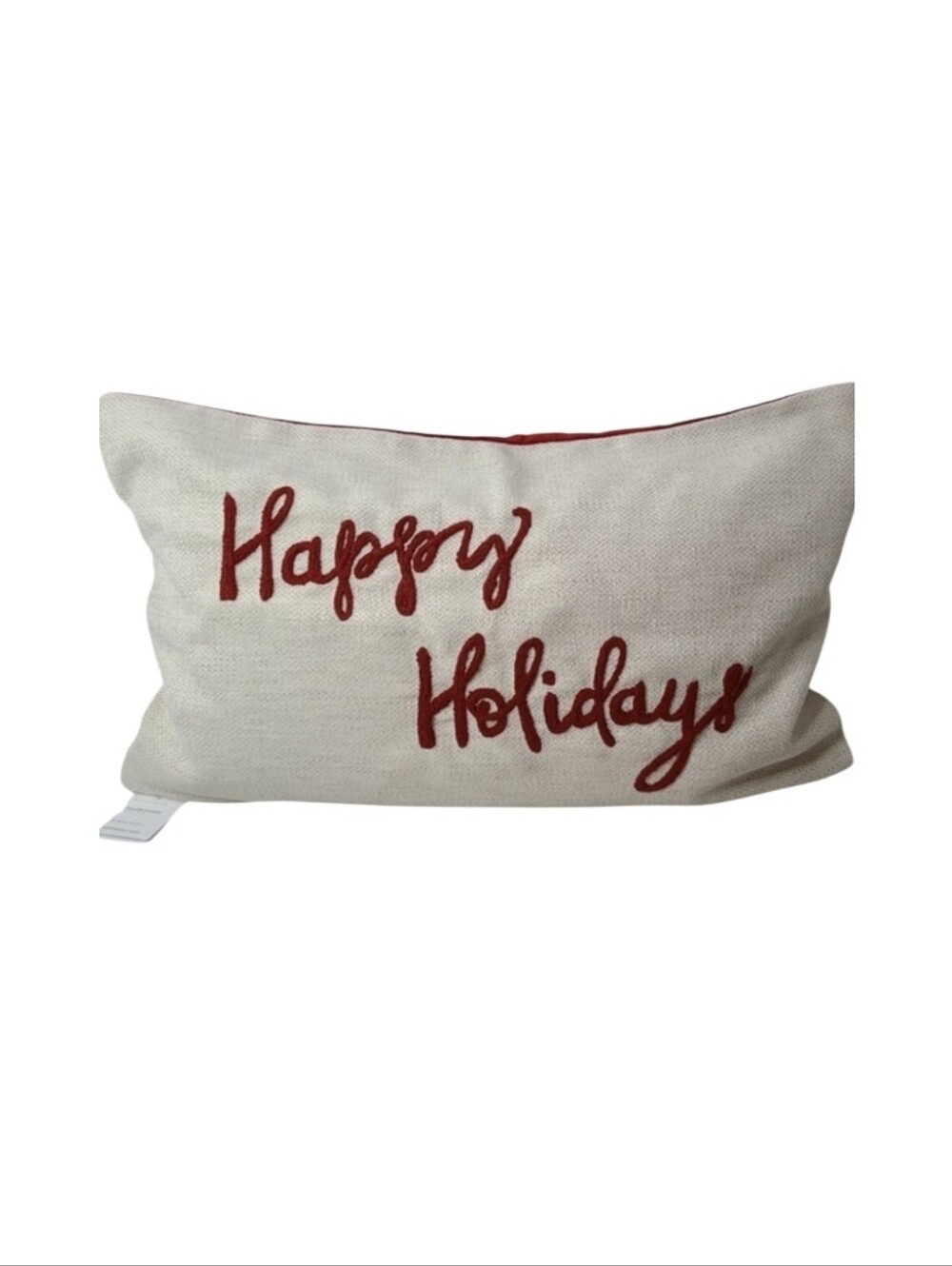 NWT Pottery Barn Happy Holidays Embroidered Lumbar Pillow Cream Red Velvet 16x26